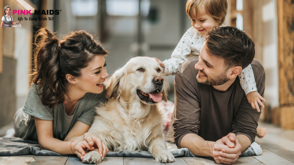 A happy Vancouver family relaxing in their spotless living room after a deep clean by Pink Maids Cleaning Service, showcasing the benefits of a professional cleaning service.