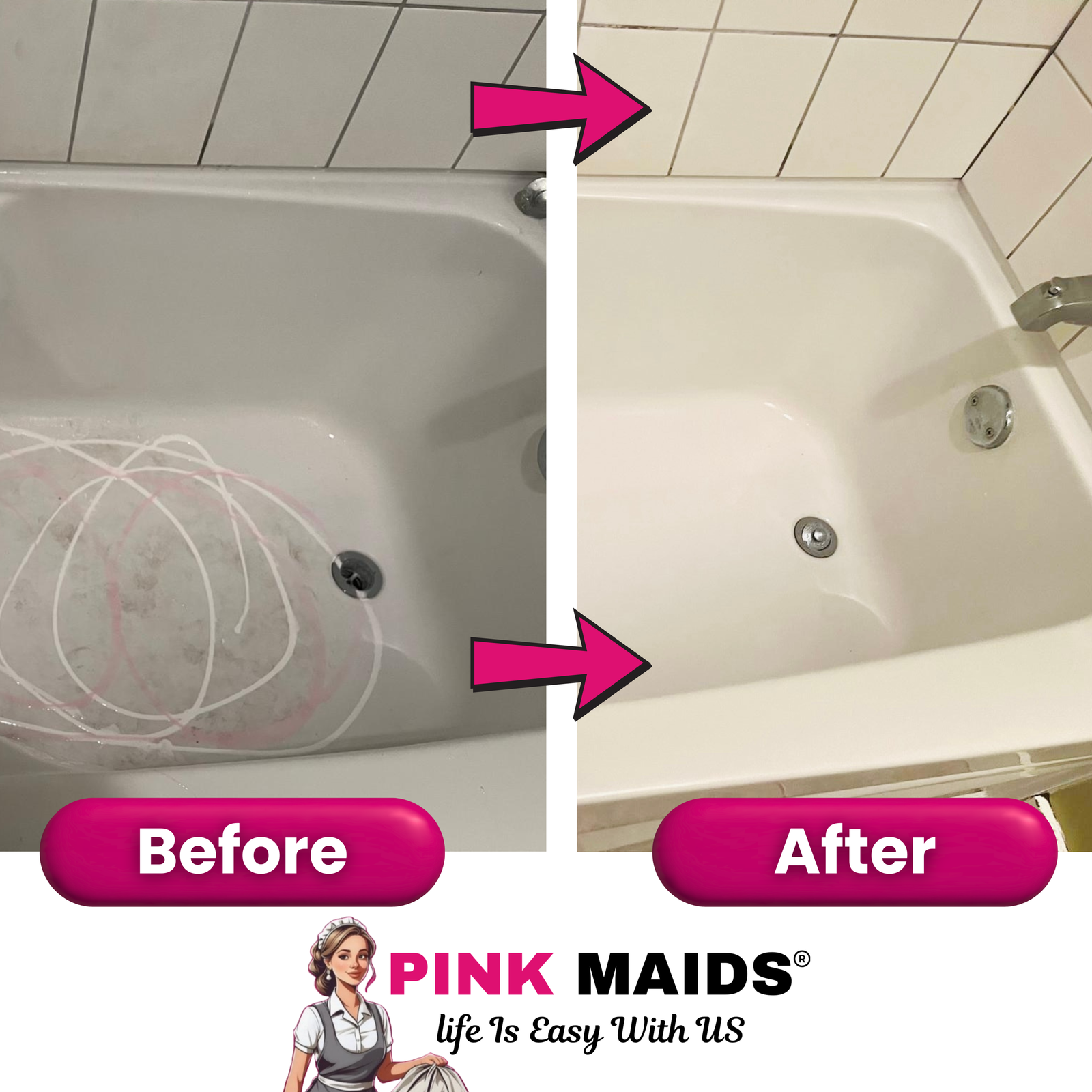 Before and after bathtub cleaning results by Pink Maids, showcasing the quality of the Best Maid Services in Vancouver BC, with a visibly restored and spotless tub.